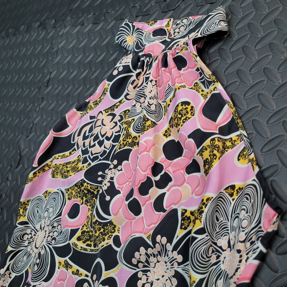 Vintage Forever 21 Y2K 100% Silk Floral Halter Top Pink Black Retro Boho Large